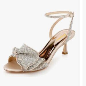 Milooey shoes Gold Glitter Rhinestone Bow Crystal Ankle Strap High Heels Sandal
